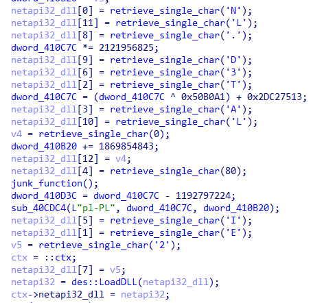 Stack string placement using netapi32.dll