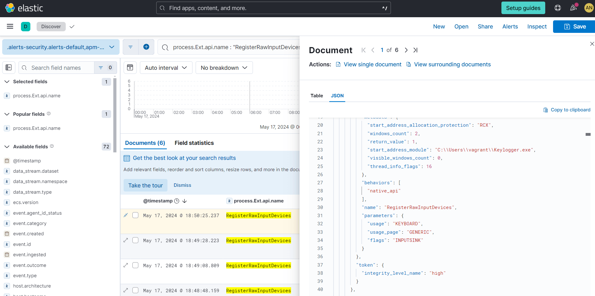 RegisterRawInputDevices API logs displayed in Kibana