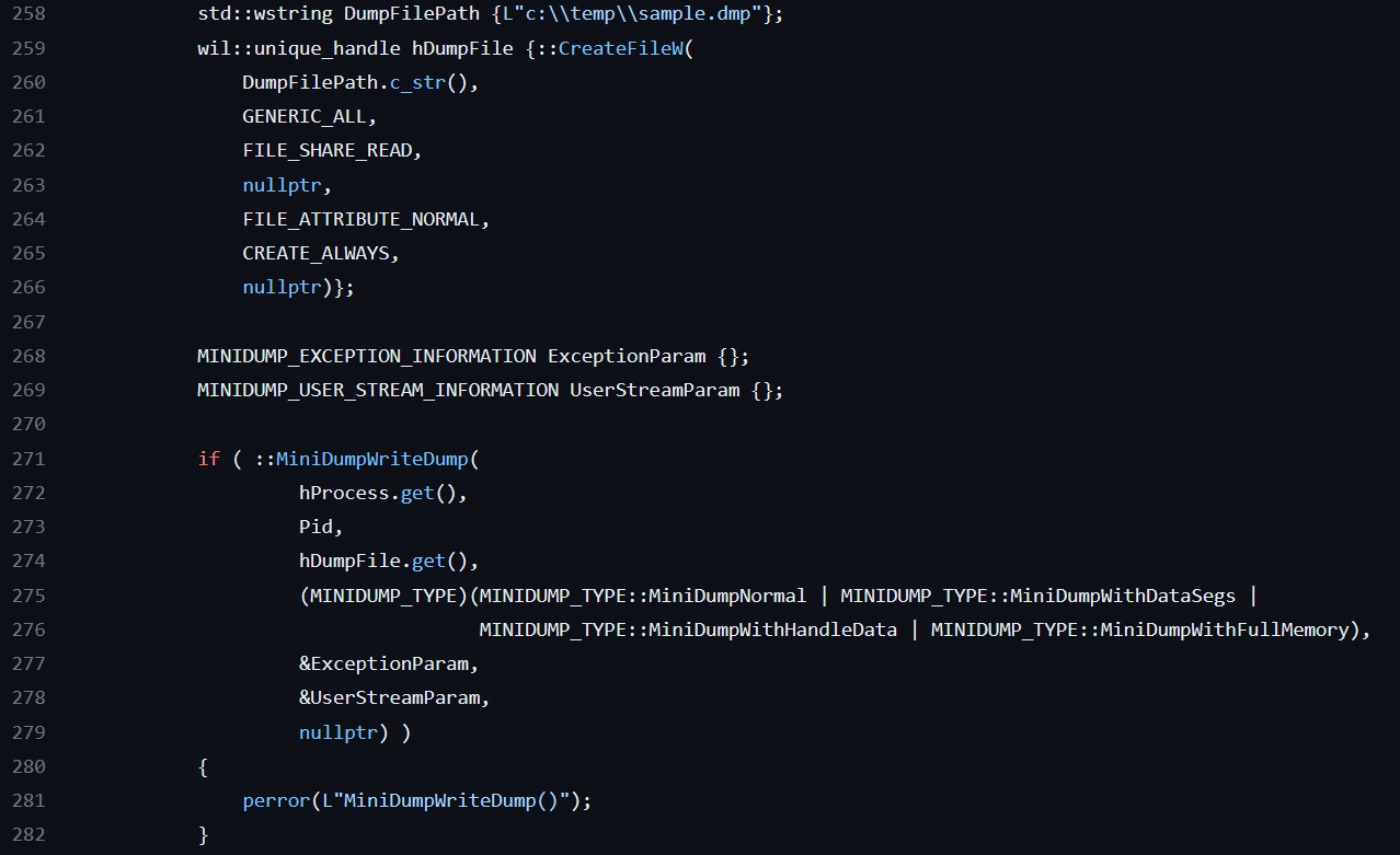 Creating the memory dump from the user-mode process