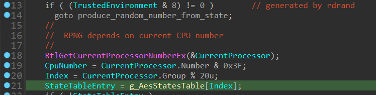 Retrieving current CPU number to determine the PNRG state table entry to use