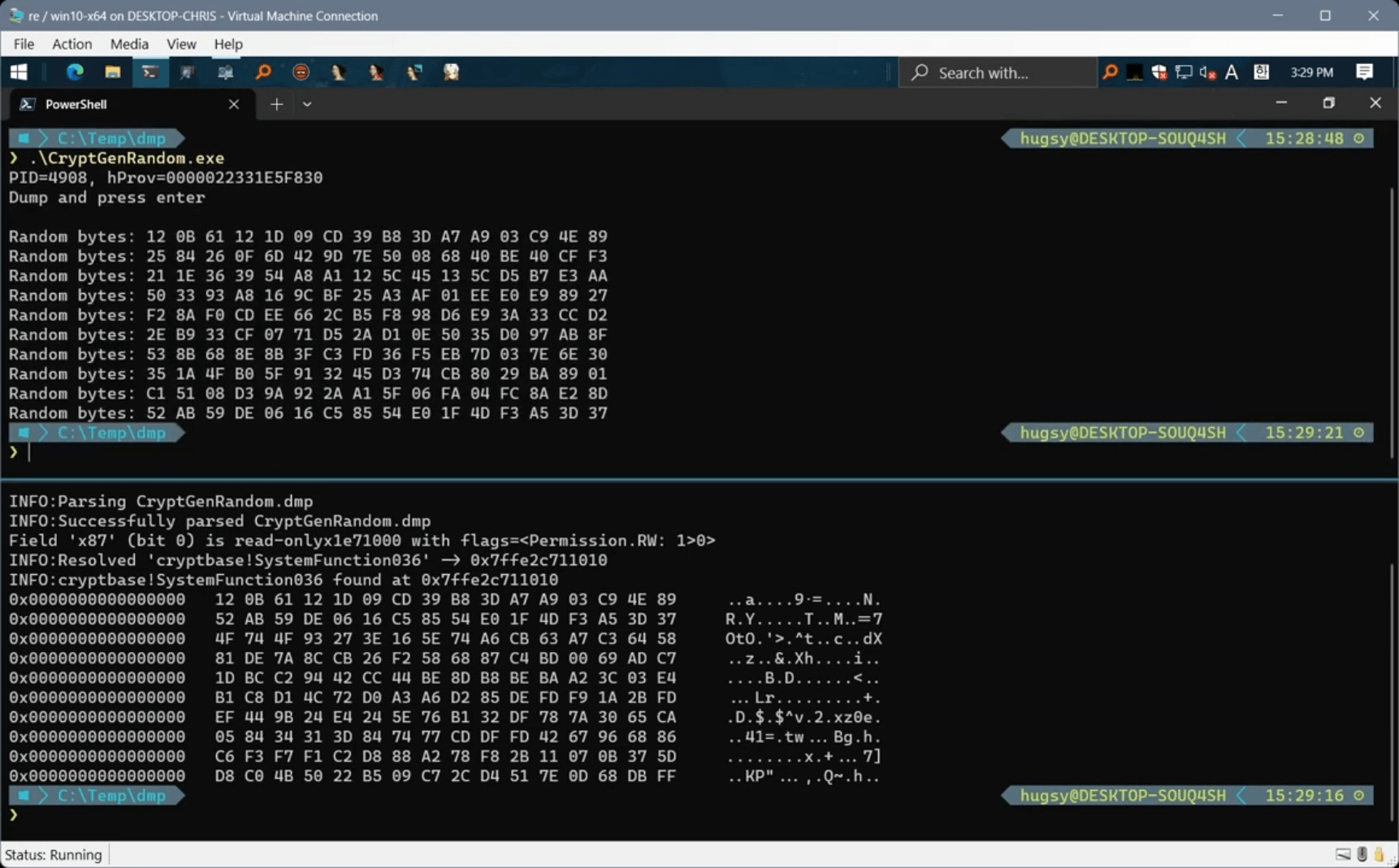 Execution of cryptbase!SystemFunction036 on single core VM: different outputs