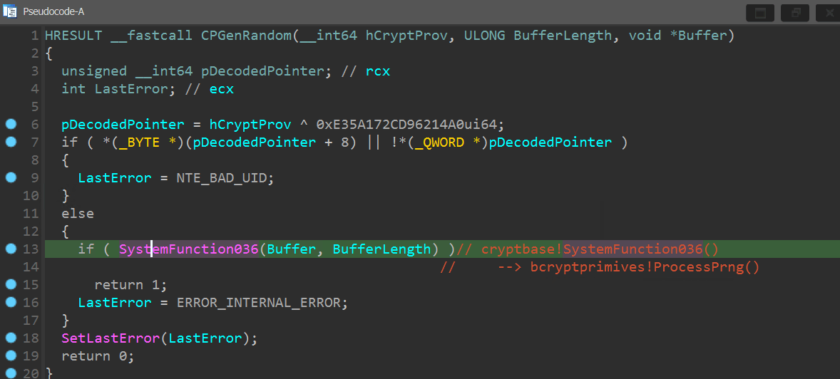 Reversing rsaenh.dll to understand the random number generation