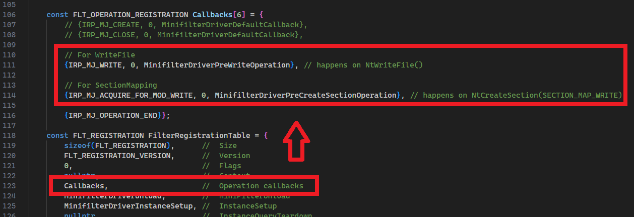 Registering MiniFilter callbacks for file and section writes