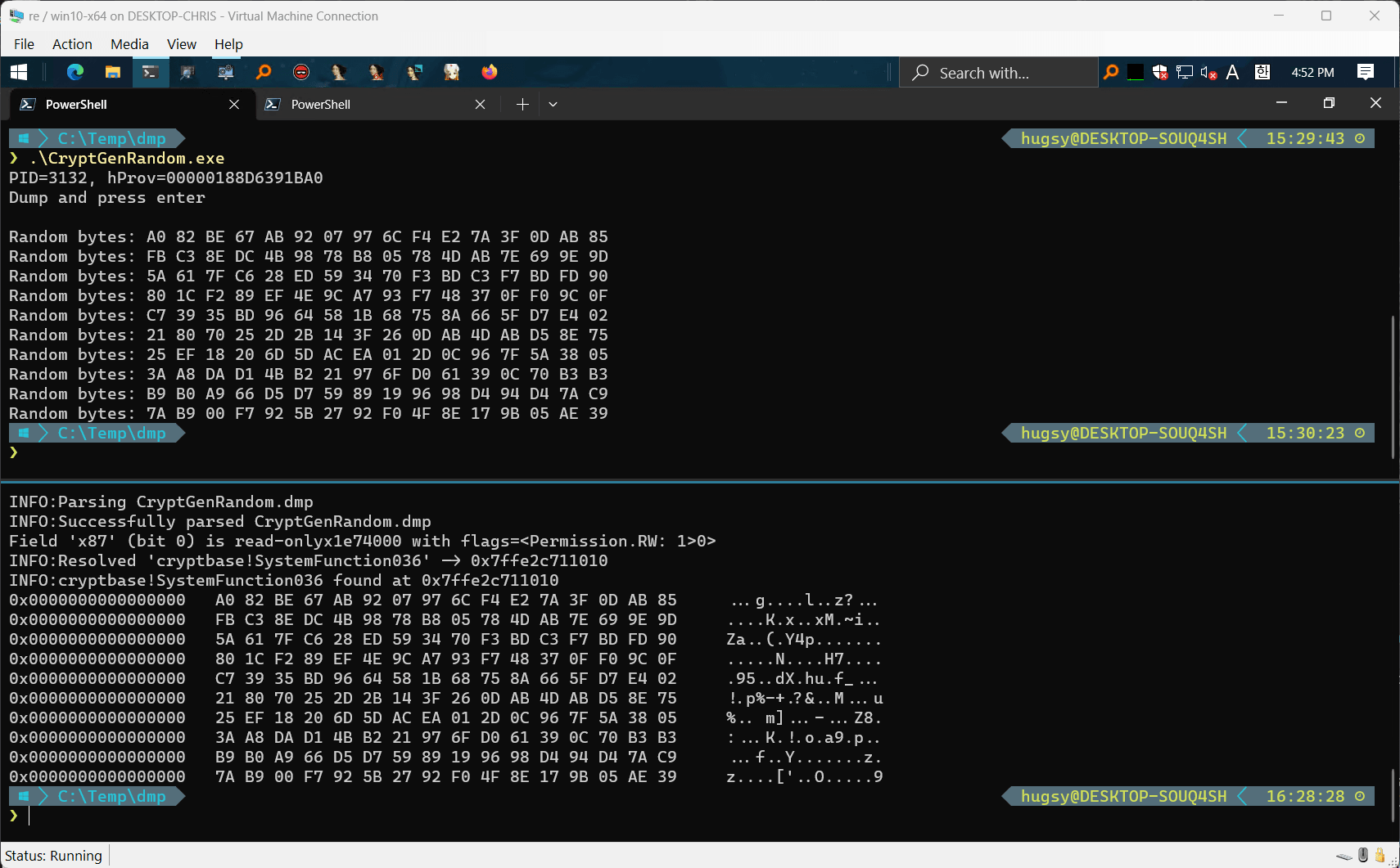 EExecution of cryptbase!SystemFunction036 on multi-core VM with forced affinity: same output