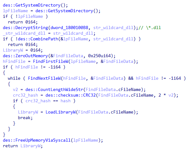 DLL search using a CRC32 checksum