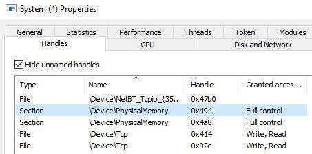 Handle to Physical Memory in the System process