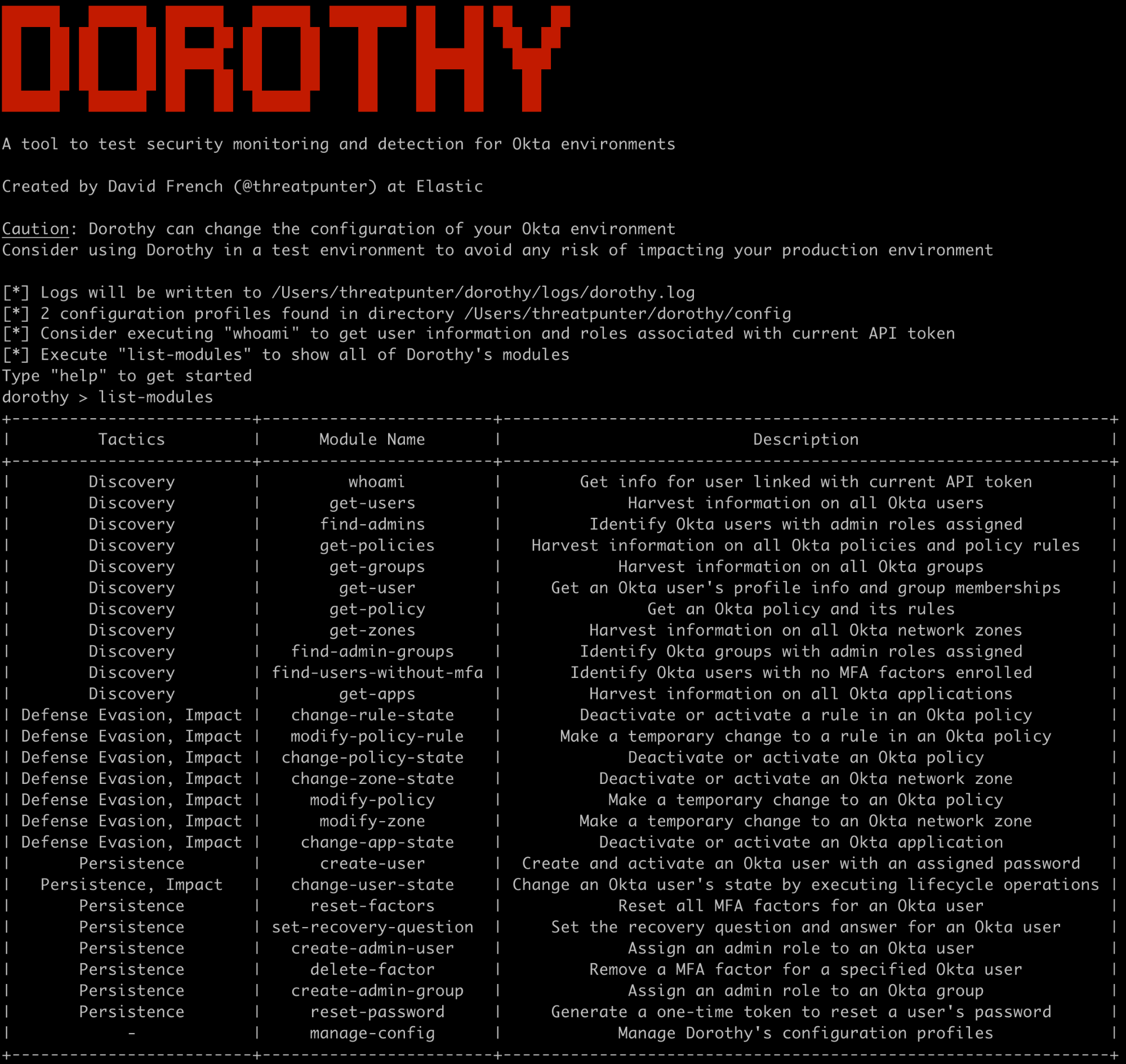 Figure 1 - Starting Dorothy and listing its modules