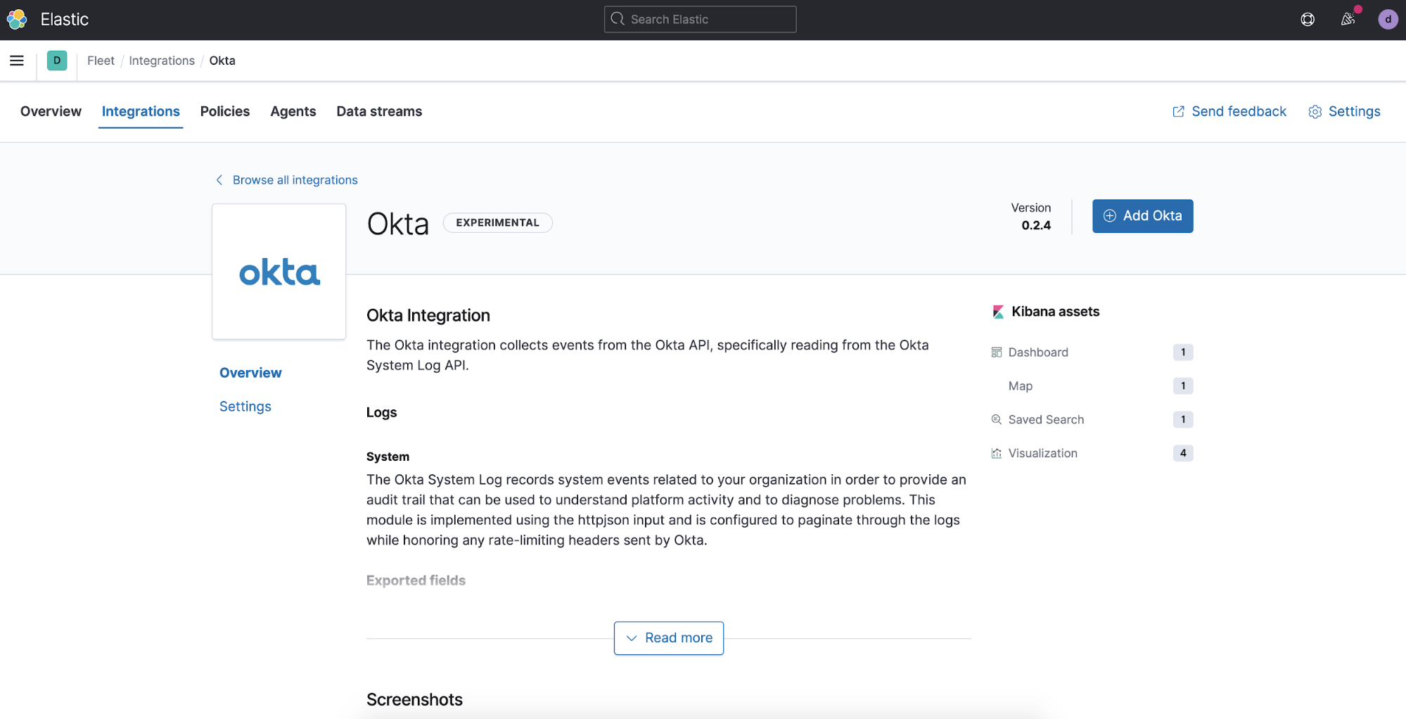 Figure 7 - Reviewing Fleet’s Okta integration in Kibana