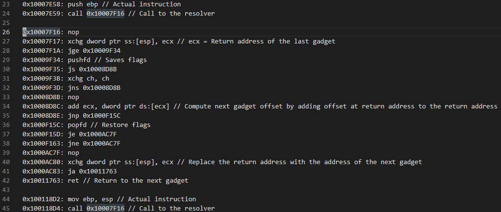 Resolver function computing the next gadget address