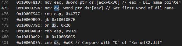 Searching for kernel32.dll by name in the module list