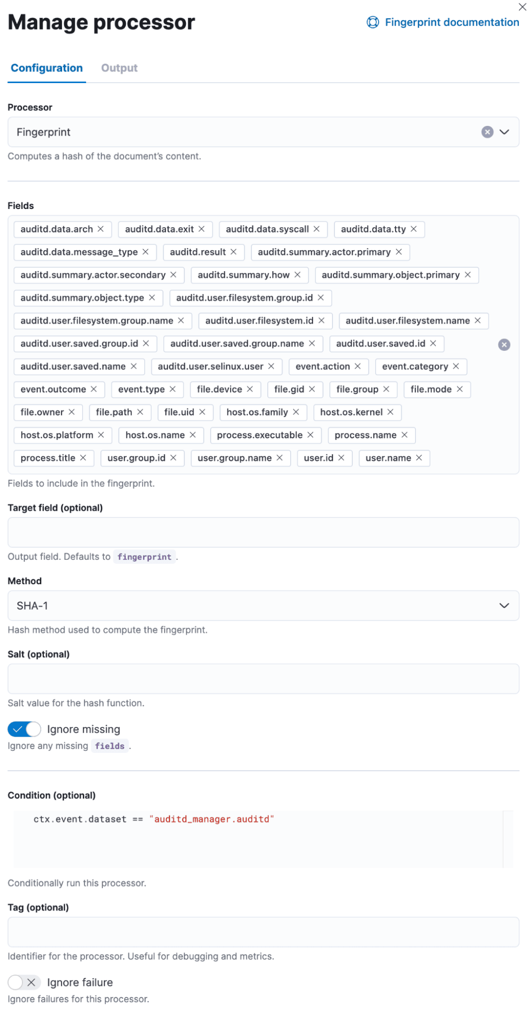 Example of the event's fingerprint fields used for the calculation.