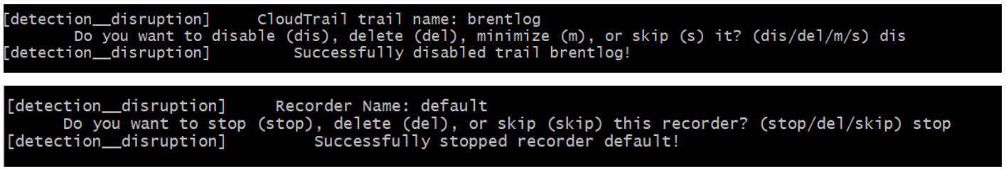 Figure 2 - Disabling a trail and stopping a configuration recorder using Pacu’s detection__disruption module