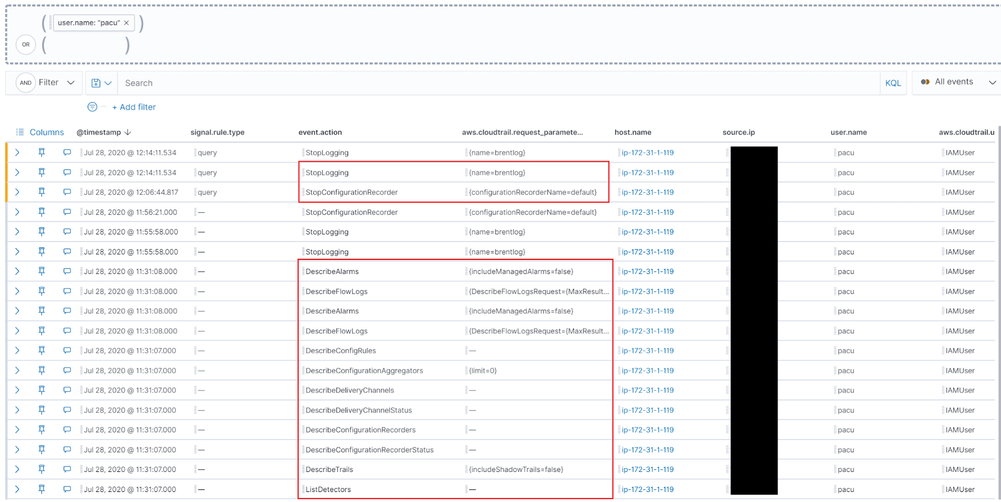 Figure 9 - Viewing event history for the user Pacu in the Timeline