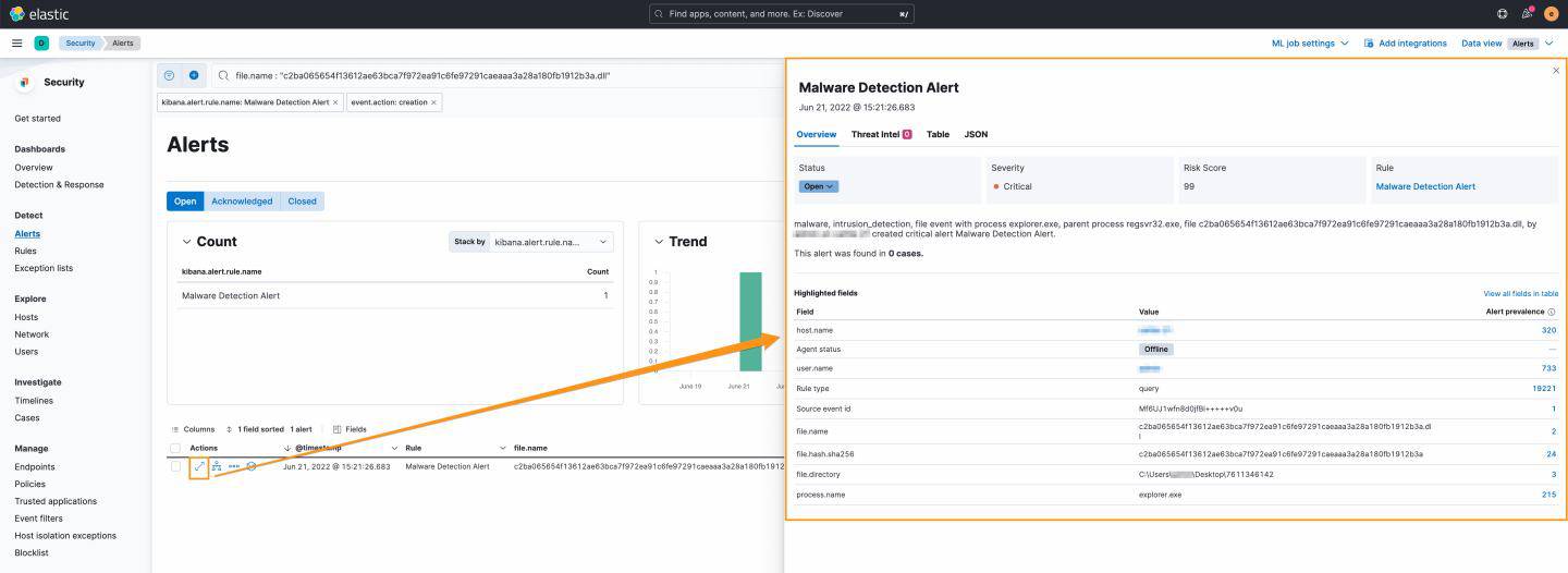 Initial alert in the Kibana Security Solution
